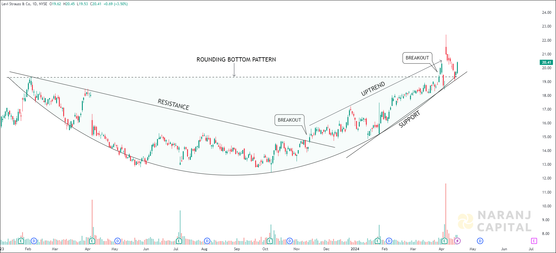 Levi Strauss - Technical Analysis chart on Daily Price and Volume