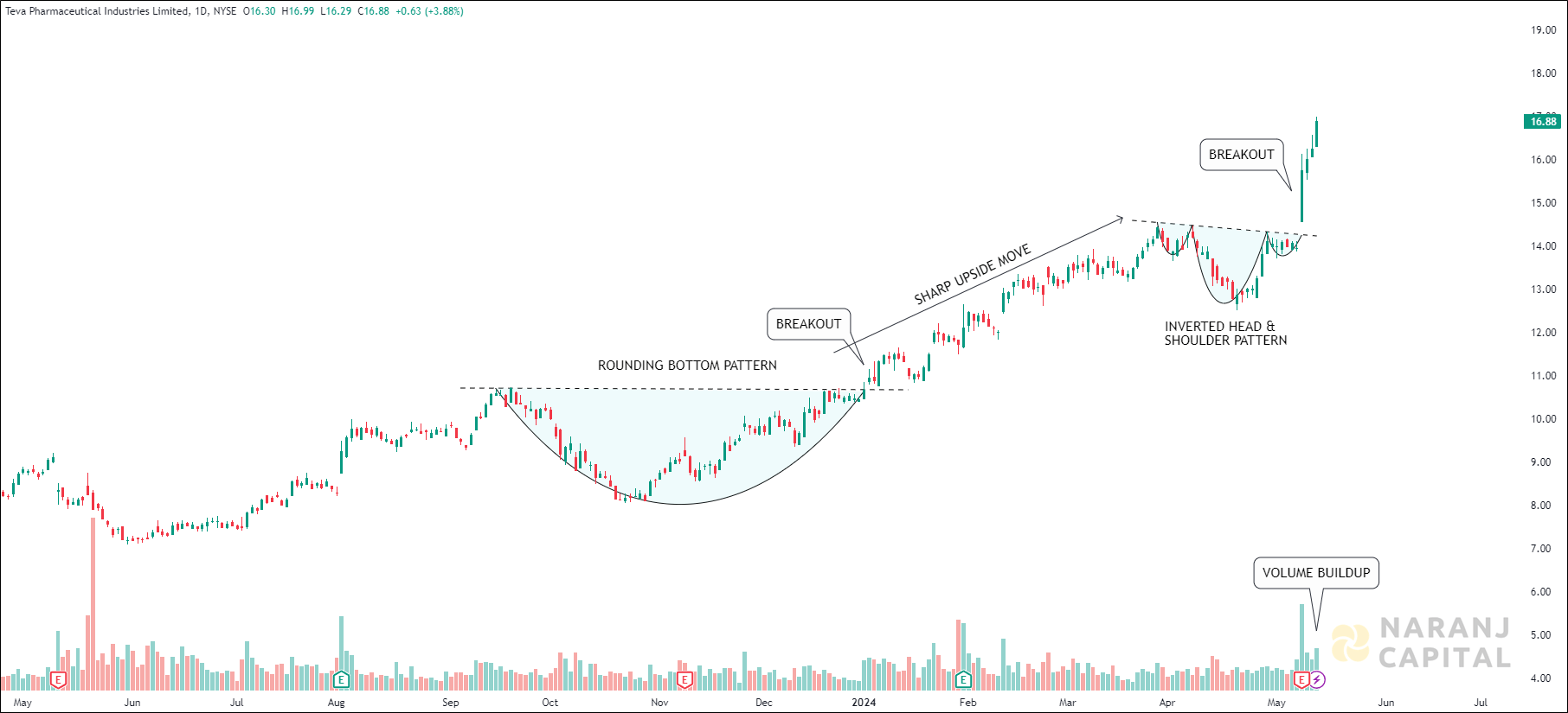 Teva Pharmaceutical - Technical Analysis chart on Daily Price and Volume