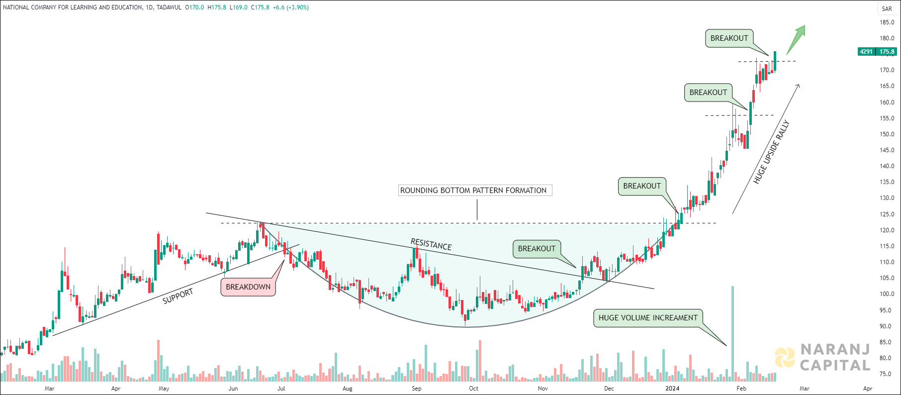 National Company for Learning & Education - Technical Analysis chart on Daily Price and Volume